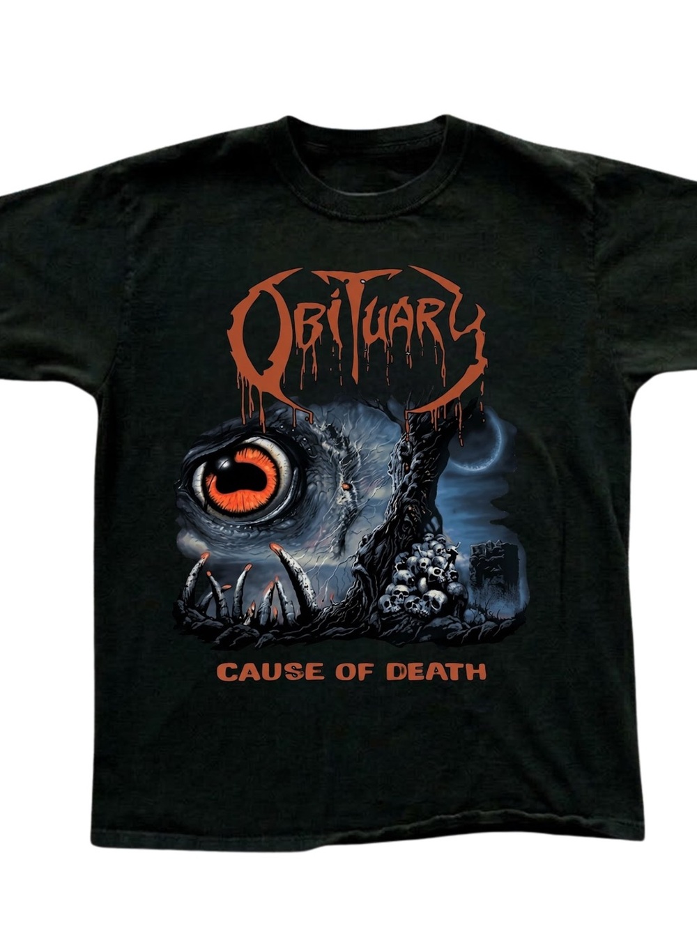 Gildan Black 'Obituary - Cause of Death' Graphic Tee with Orange and Blue Print